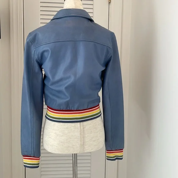 *RARE NWOT Hand Crafted The Mighty Company Blue Ribbed Leather Bomber Jacket XS